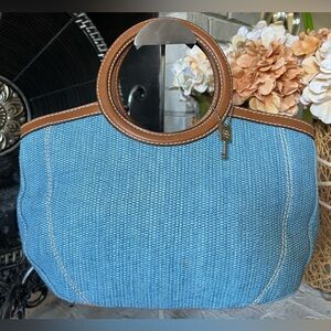 Fossil Baby Blue Woven Handbag with faux leather straps